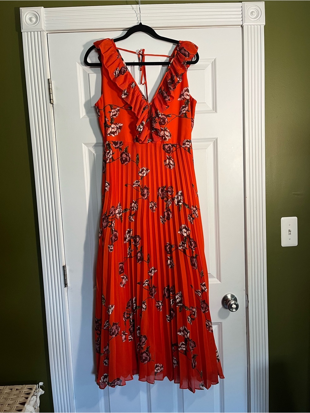 Lulus Red Floral Ruffle V-Neck Pleated Midi Dress